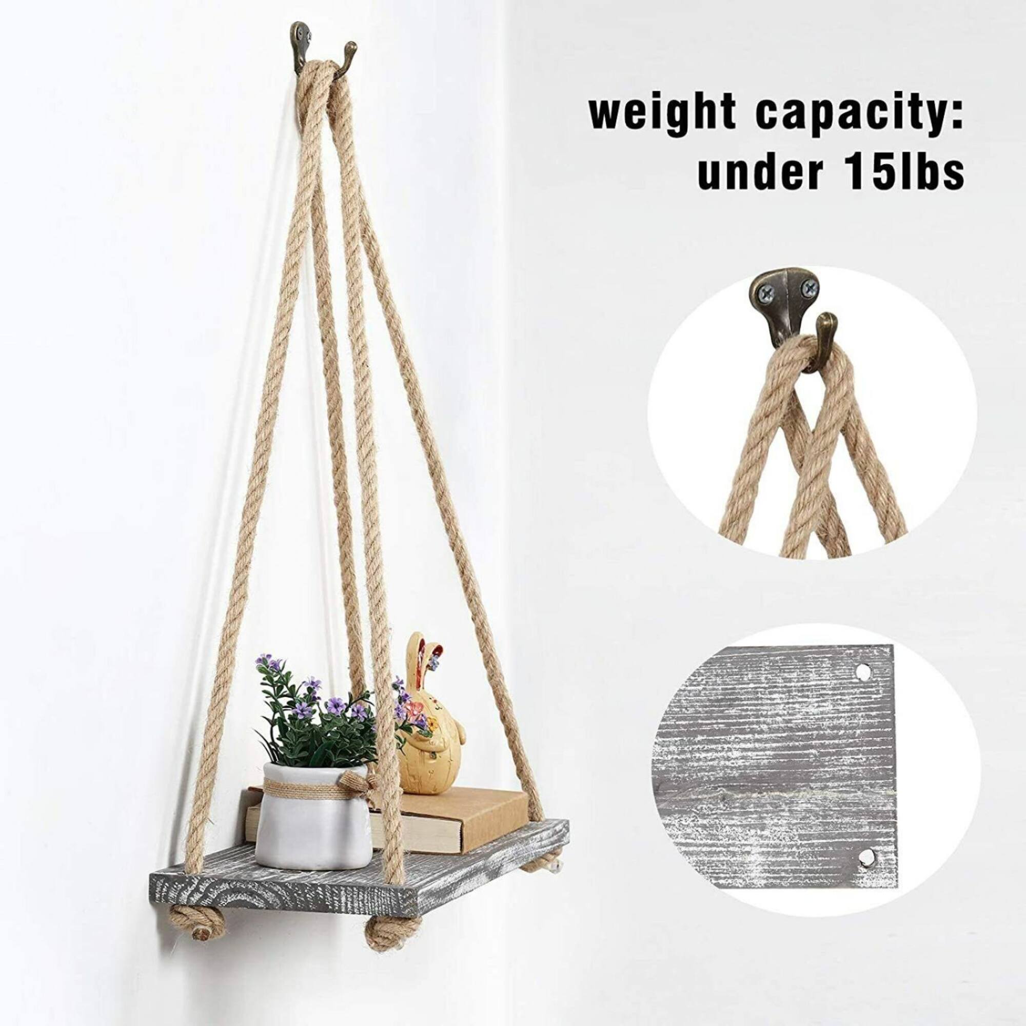 NEX™ 16" Gray Whitewash Hanging Rope Wood Wall Shelves, 4ct.